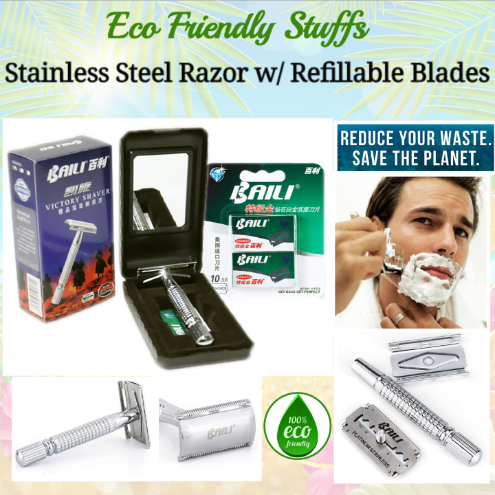 Stainless Silver Safety Doublesided Blade Razor w/ Refillable Blades