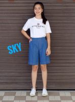 SKY กางเกงขาสามส่วน เอวยืดสม๊อกหลัง ผ้าฟอกนุ่ม กางเกงสกาย กางเกงSKY