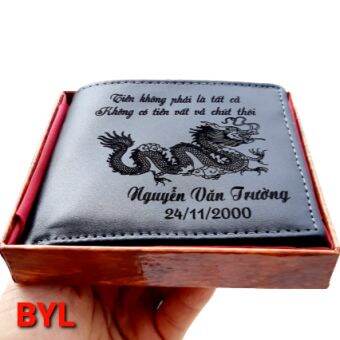 Ví Nam Khắc Tên BYL/Ví da bò/Bóp da thật/Ví ngang nhiều ngăn đựng thẻ