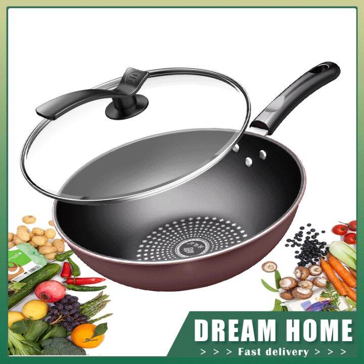 28cm/30cm/32cm/34cm Nonstick Diamond WOK+COVER Frying Pan Kitchen Iron