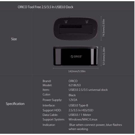 orico-6218us3-hdd-docking-usb-3-0-โอริโก้ด๊อกกิ้ง-สำหรับ-hdd-ssd-ขนาด-2-5-3-5-ไม่รวมhdd-สีดำ