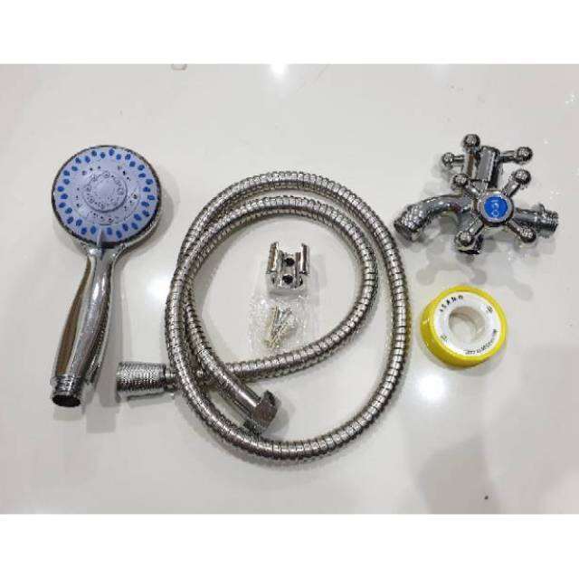 Paket Hand Shower Mandi Set + Kran Tembok Cabang Double Baling Murah