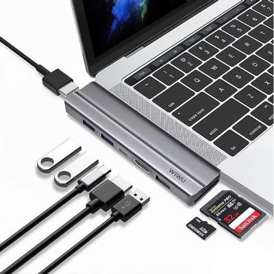 WIWU 7 in 1 USB Type-C Hub for Macbook Pro 3.0 Dual Type-C USB-C Adapter with HDMI 4K Video PD Card Read SD/TF