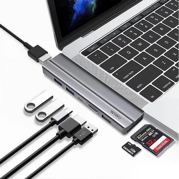 wiwu-7-in-1-usb-type-c-hub-for-macbook-pro-3-0-dual-type-c-usb-c-adapter-with-hdmi-4k-video-pd-card-read-sd-tf