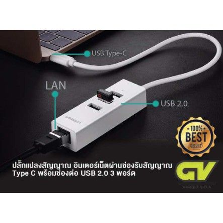 ugreen-รุ่น-20792-usb-c-to-lan-hub-type-c-to-lan-hub-usb-2-0-lan-10-100mbps-ใช้ต่อคอม-โน้ตบุ๊ค-ใช้งานอินเตอร์เน็ต