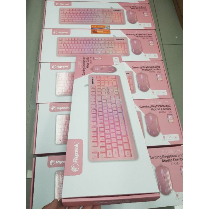 razeak-สินค้าใหม่-rkm-705-keyboard-mouse-combo-ชุดมีไฟเมาส์คู่คีย์บอร์ด-สีชมพูทั้งชุด-ขายดีสุดๆ