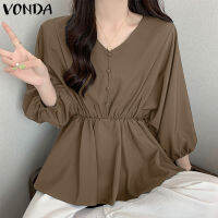 VONDA เสื้อเสื้อเป็นชั้นๆแขน3/4คอวีแฟชั่นผู้หญิง (ลำลองเกาหลี)