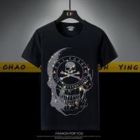 QP แบรนด์แฟชั่น Philipp Plein 2023กะโหลกศีรษะพลอยเทียมใหม่เสื้อยืดผู้ชายแขนสั้นแฟชั่นวัยเยาว์ลำลองบางขนาดพิเศษเสื้อออกกำลังกายแบบเข้ารูปสำหรับผู้ชาย