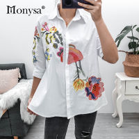 Plus Size Tops Women 2020 New Arrival Summer Half Sleeve Floral Embroidery Blouses Ladies Loose Casual Long Shirt White Blue