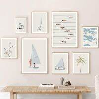 ✚☁ เรือใบสระว่ายน้ำ Ocean Floral Minimalist Wall Art ภาพวาดผ้าใบโปสเตอร์และพิมพ์ภาพผนังสำหรับตกแต่งห้องนั่งเล่น