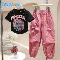 Short sleeve Cargo pants, fashionable two-piece childrens summer T-shirt ชุดฤดูร้อนของเด็กผู้หญิง ชุดเซ็ตสองชิ้นเสื้อยืดแขนสั้นแฟชั่นเด็กกลางและกางเกงลำลอง ชุดเด็กสไตล์เกาหลีฤดูร้อน ผ้าดี ใส่สบาย