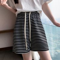 Plus Size Womens High Waist Summer Shorts Elastic Waist Striped Female Black White Summer Shorts