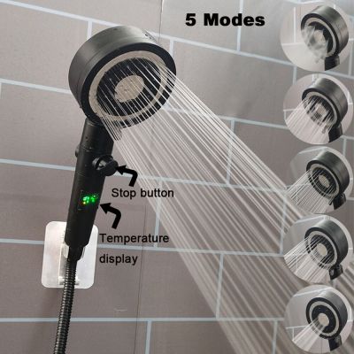 Temperature Digit Display Shower Head 5 Modes One Key Stop Handheld Shower High Pressure Water Saving Filter Bathroom Showerhead Plumbing Valves