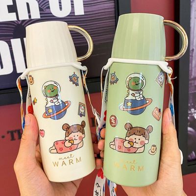 Heat Preservation 304 Stainless Steel Portable Thermos Cute Thermal Flask Insulated Cups Cartoon Vacuum Cup With Belt