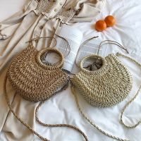 Straw Woven Bag Handmade Rattan Woven Vintage Retro Straw Rope Knitted Women Crossbody Handbag With Ring Summer Beach Bag