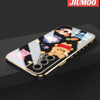 JIUMOO เคสปลอกสำหรับ Samsung Galaxy S21 FE 4G S21 FE 5G ลายการ์ตูนยิ้มสัตว์ใหม่กรอบสี่เหลี่ยมพื้นผิวชุบซิลิกาเจลนิ่มกันกระแทกเคสมือถือฝาครอบป้องกันเลนส์กล้องถ่ายรูปรวมทุกอย่าง