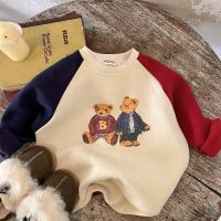 Childrens Fleece-Lined Sweater 2022 Autumn Winter Boys and Girls Cartoon Bear Baby Contrast Color Pullover Bear Fleece Shirt