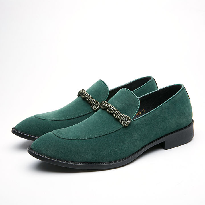รองเท้าไม่มีส้นสีเขียวสำหรับผู้ชาย-รองเท้าโลฟเฟอร์หัวกลมรองเท้าลำลองหนังนิ่มเทียมสีทึบชุดเดรสแฟชั่นสำหรับงานแต่งงาน