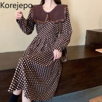 Korejepo French Retro Dress Wave Point Long Sleeve Temperament Women Spring Antumn 2022 New Fashion Waist Closing Thin Dresses