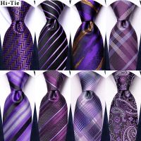 ♦ 2023 New Plaid Purple Fashion Brand Silk Elegent Ties for Men Party Necktie Handky Cufflinks Wholesale Wedding Hi-Tie Designer