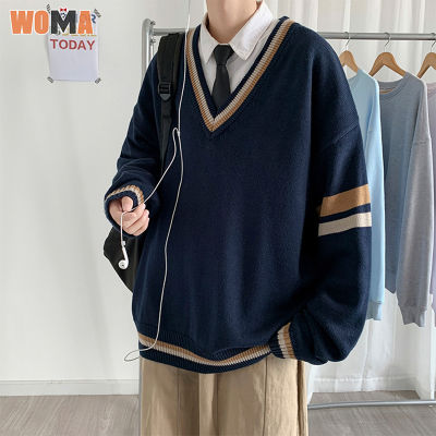 WOMA  เสื้อสเวตเตอร์คอวีของผู้ชายเสื้อกันหนาวแบบถักนักเรียนย้อนยุคเรียบง่ายสไตล์เกาหลี