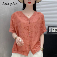 Luxqlo เสื้อเสื้อยืดผู้หญิงแขนสั้นคอวีสไตล์เกาหลีทรงหลวมไซส์พิเศษลำลองแฟชั่นใหม่ฤดูร้อน