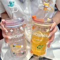 Spot goods550ml Flower Glass Cup Transparent Glasses With Lid And Straw Bubble Tea Cup Ice Coffee Mug For Juice Milk Water Cups Drinkware