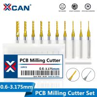 XCAN 10pcs 0.6-3.175mm คาร์ไบด์ PCB Milling Cutter Set 3.175mm Shank PCB Machine แกะสลัก Bit End Mill