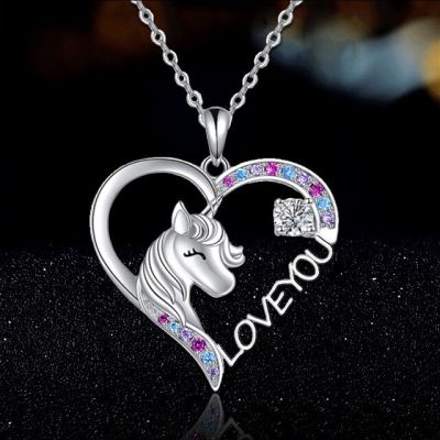 JDY6H Luxury Heart Unicorn Children Necklace for Women Cartoon Animal Rainbow Horse Crystal Birthstone Pendant Valentines Day Gift