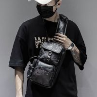 ❆ Chest bag mens genuine leather cowhide chest bag casual mens shoulder Messenger bag Korean style trendy student waist bag small backpack