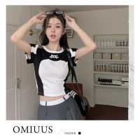 [OMIUUS] เสื้อยืดผู้หญิงแขนสั้นสีตัดปะ