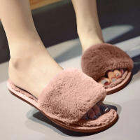 [WAKUWAKU] New Fashion Flat-Bottomed Indoor Home One-Word Open-Toed Plush Womens Slippers