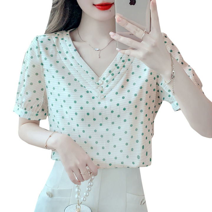 rehin-เสื้อสตรีคอวีแนวแขนสั้นลายออกแบบคอวีแนวเสื้อชีฟองลายจุดสง่างามฉบับภาษาเกาหลี