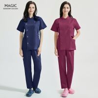 Beautician Button Scrub Blouse Scrub Pantss with Pocket Short Sleeve Beauty Uniform Spa Uniform Pet Grooming Agency Work Clothes