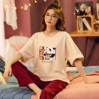 Summer Women Short Sleeve Cute Panda Print Pajamas Set Lovers Round Neck Home Sleepwear 2 Piece Suit Couple Cotton Pyjamas Set