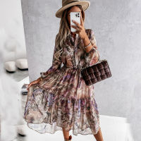 Elegant Floral Print Irregular Big Hem Dress Women 2021 Spring Autumn Casual V Neck Long Sleeve Lace-up Ruffles Dresses