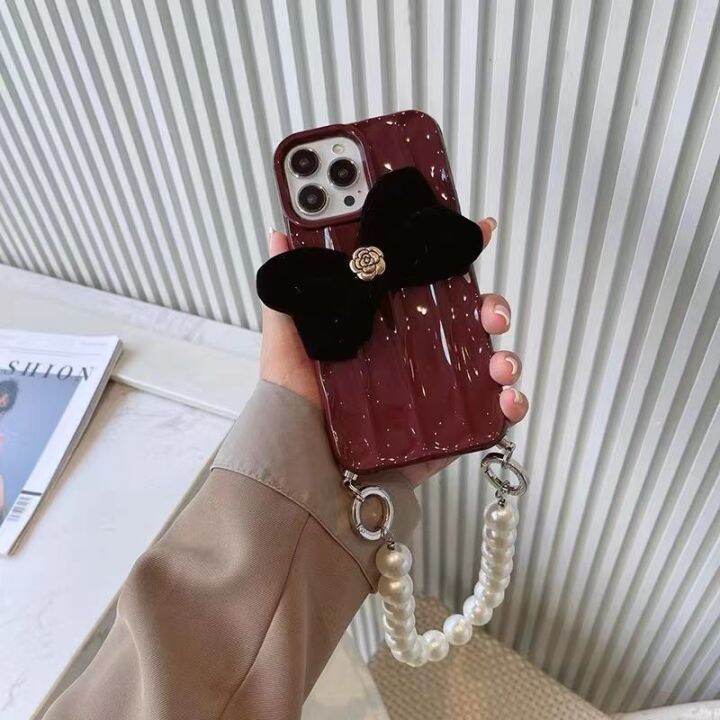 เคสโทรศัพท์สีแดง-stereo-pleat-wine-สำหรับ-iphone14-ผ้า-black-bowknot-case-เคสโทรศัพท์ซิลิโคนป้องกันการล้ม-iphone12-สำหรับ-iphonexs-xr-pearl-bracelet-bar-เคสโทรศัพท์สำหรับ-iphone11-korean-edition-เคสโท