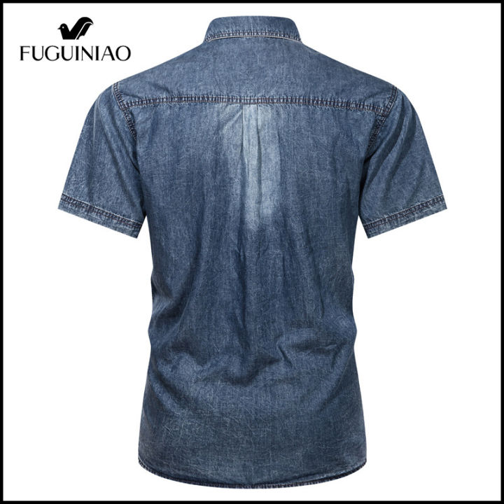 fuguiniao-เสื้อเชิ้ตฝ้ายบริสุทธิ์ฤดูร้อนผู้ชาย-สำหรับเสื้อเชิ้ตเดนิมของบุรุษเสื้อเชิ้ตลำลองมีกระเป๋าหลายจุดเสื้อยีนส์