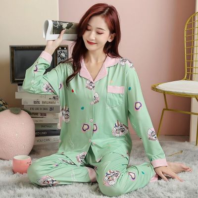 MUJI High quality pajamas womens autumn new lapel long-sleeved trousers casual simple loose fashion comfortable printed home service suit