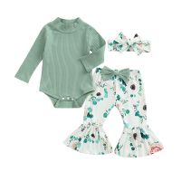 3PCS  Baby Girls Clothes Romper Suit Long Sleeve Crew Collar Plain Ribbed Snap Bodysuit Floral Long Flared Pants Bow Headband  by Hs2023