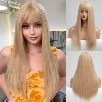 European and American wigs, womens long straight hair wig sets, straight bangs, yellow gradient long straight hair cosplay wig hair sets