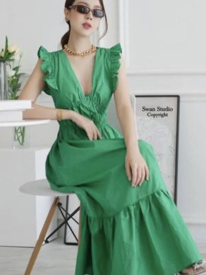 P018-018 PIMNADACLOSET - Green Sleeveless V-Neck Cotton Midi Dress