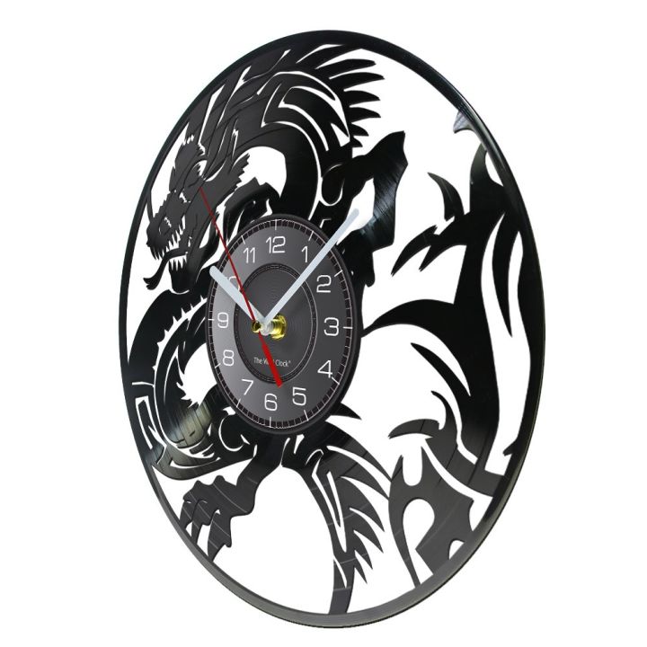 นาฬิกาแขวนผนังมังกรบิน-สไตล์-ทำจากแผ่นเสียงจริงไวนิลสัญลักษณ์ความชั่วร้ายจินตนาการยุคกลางงานศิลปะนาฬิกาไวนิลดิสก์งานฝีมือ