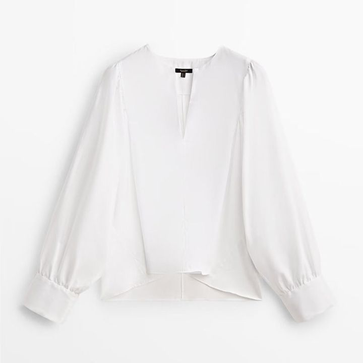 สีขาวสำหรับผู้หญิง-dutti2022นวดตัวคอวีสไตล์สเปนเสื้อธรรมดาฤดูใบไม้ร่วง