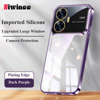 NIWINEE เคสกระจกกล้องขนาดใหญ่สีม่วงอ่อนสำหรับ Realme C55 C53 C35 C33 C30s C30 9 8 Narzo 50 5GFull Protection กรอบหลังกล่องโลหะชุบหรูหราซิลิโคนกันกระแทก