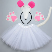 White Pink Women Kids Animal Rat Mouse Costume For Party - Headband Tail Tie Skirt Paw Cosplay Halloween Carnival Birthday