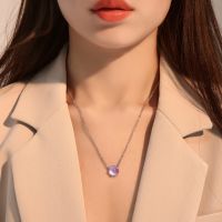 [COD] Korean version of all-match beautiful moonstone necklace round blue gradient simple sweet clavicle chain