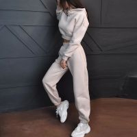 Limited Time Discounts Women Tracksuit Autumn Winter Fashion Solid Color Fleece Hoodie Top + Elastic Waist Pants Two Piece Sets Streetwear Womens Suit