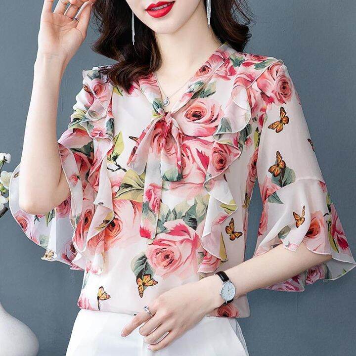 Chiffon Blouse Women's Clothing Summer Short Sleeve Shirts Blouse Print V-neck Plus Size Blouses Femme Tops | Lazada Chiffon Blouse Women'S Clothing Summer Short Sleeve Shirts Blouse Print V-Neck Plus Size Blouses Femme Tops | Lazada