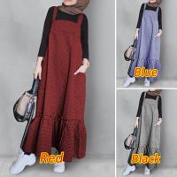 ZANZEA Women Straps Back Zipper Side Pockets Plaid Muslim Dress